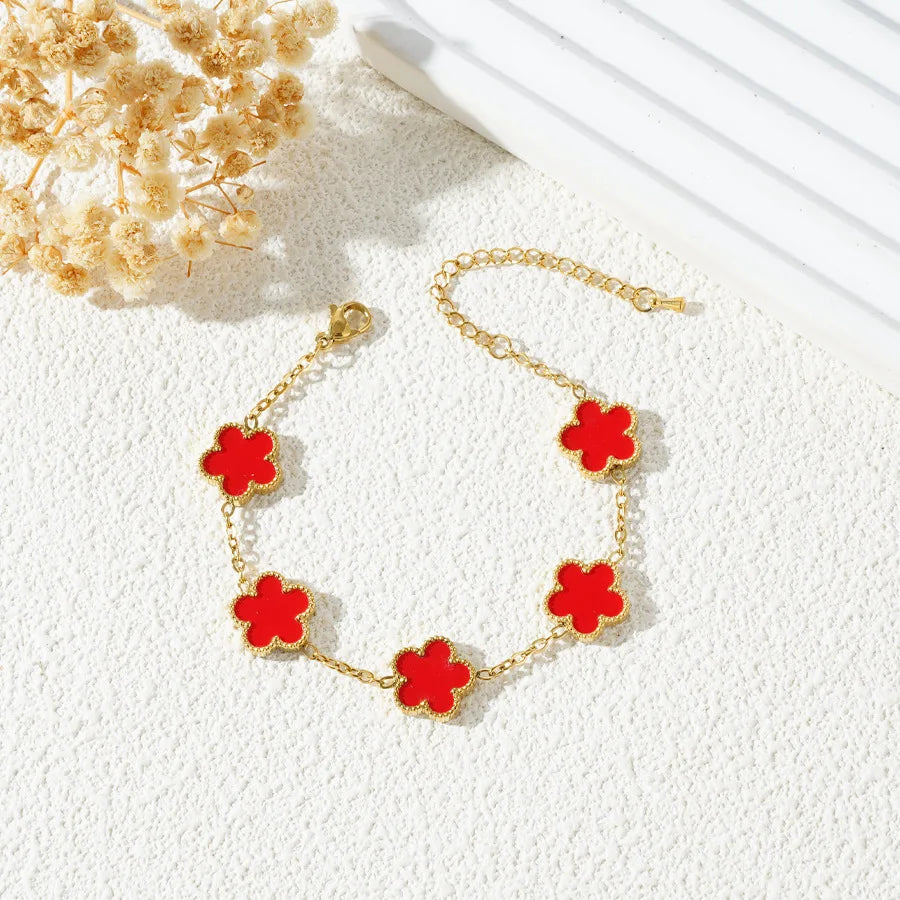 Stainless Steel Bracelet Double Sided Five Leaf Petals Flower Gold Plated Clover Women Fashion Jewelry