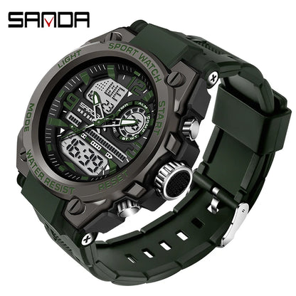 SANDA Men Sports Quartz Watches Dual Display LED Electronic Digital Wristwatches Waterproof Military Watch Relogios Masculino