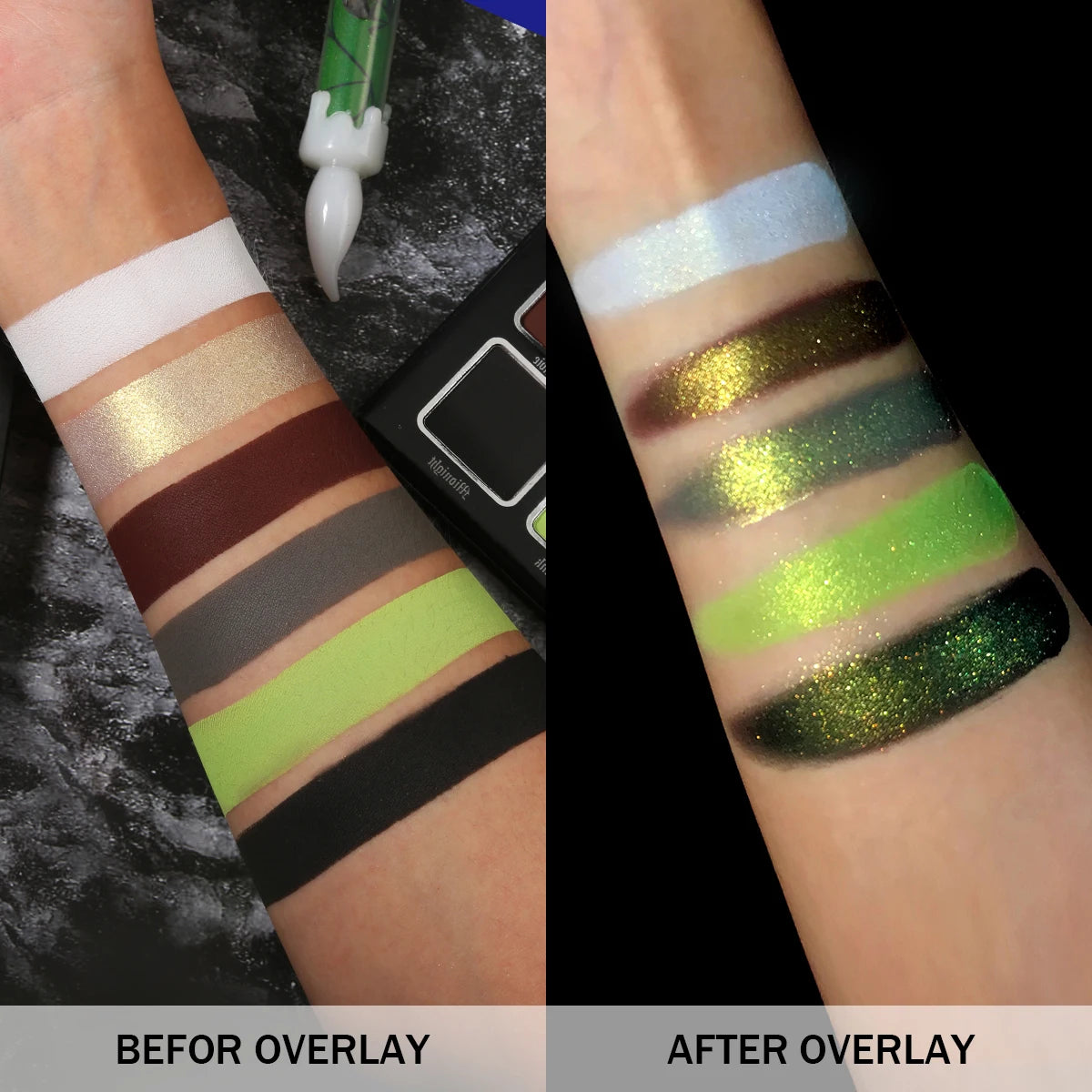 Green Brown Eyeshadow Palette, Highly Pigmented Bright Lime Green Black White Grey Goth Makeup Palette for Zombie Witch Monste