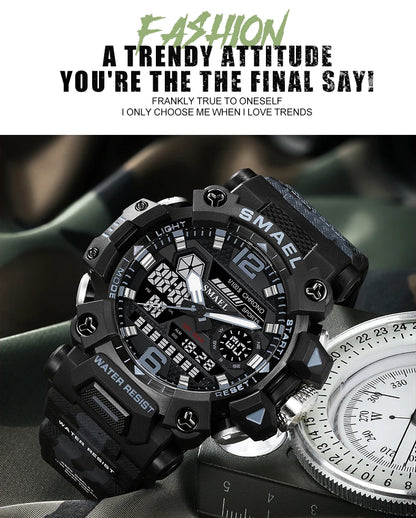 SMAEL New Watches 50m Waterproof Sports Watch Digital 8072 Army Watch Digital Quartz Dual Time Wristwatches LED for Men