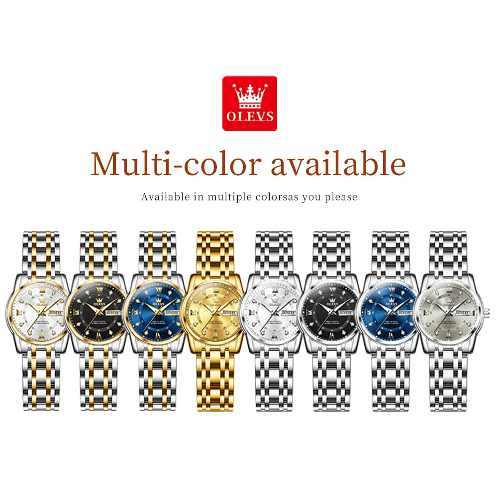 OLEVS Best Selling Fashion Stainless Steel Quartz Ladies Watch Luxury Dual Calendar Luminous Waterproof Elegant Watch for Women