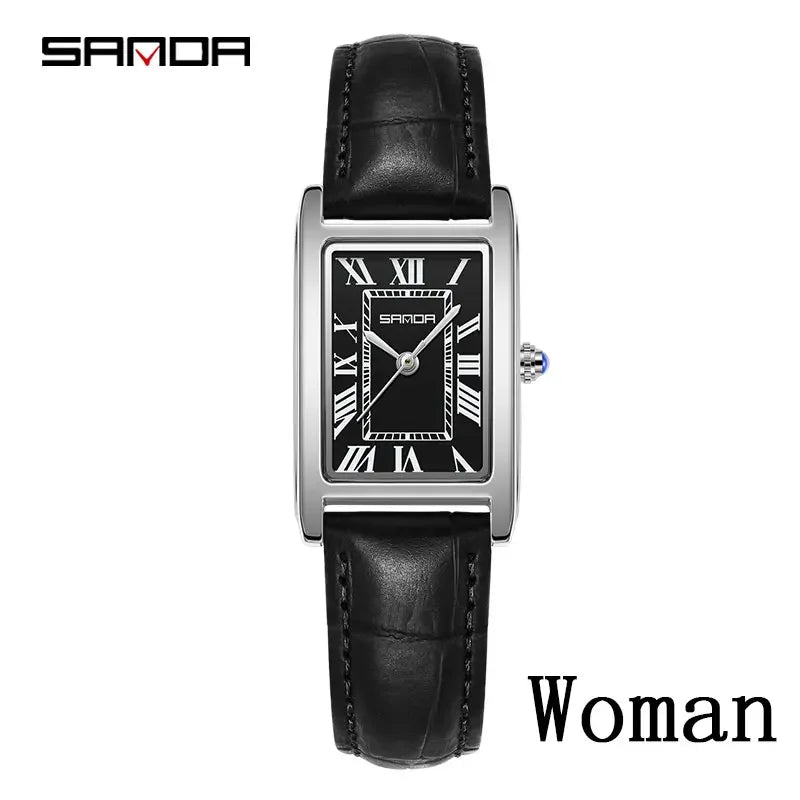 SANDA Luxury Tank Couple Watch Wear Resistant Leather Strap Square Dial Waterproof Sport Casual Women Men Quartz Watches Reloj
