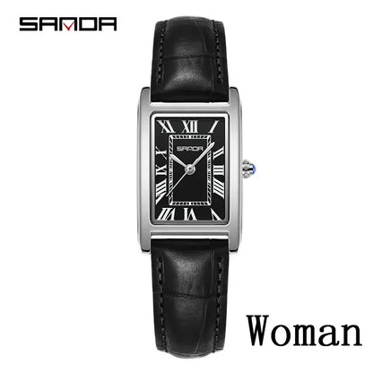 SANDA Luxury Tank Couple Watch Wear Resistant Leather Strap Square Dial Waterproof Sport Casual Women Men Quartz Watches Reloj