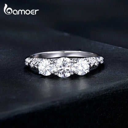 BAMOER 1.1CTTW Round Moissanite Ring for Women, White Gold Plated D Color VVS1 Lab Diamond 925 Sterling Silver Engagement Ring