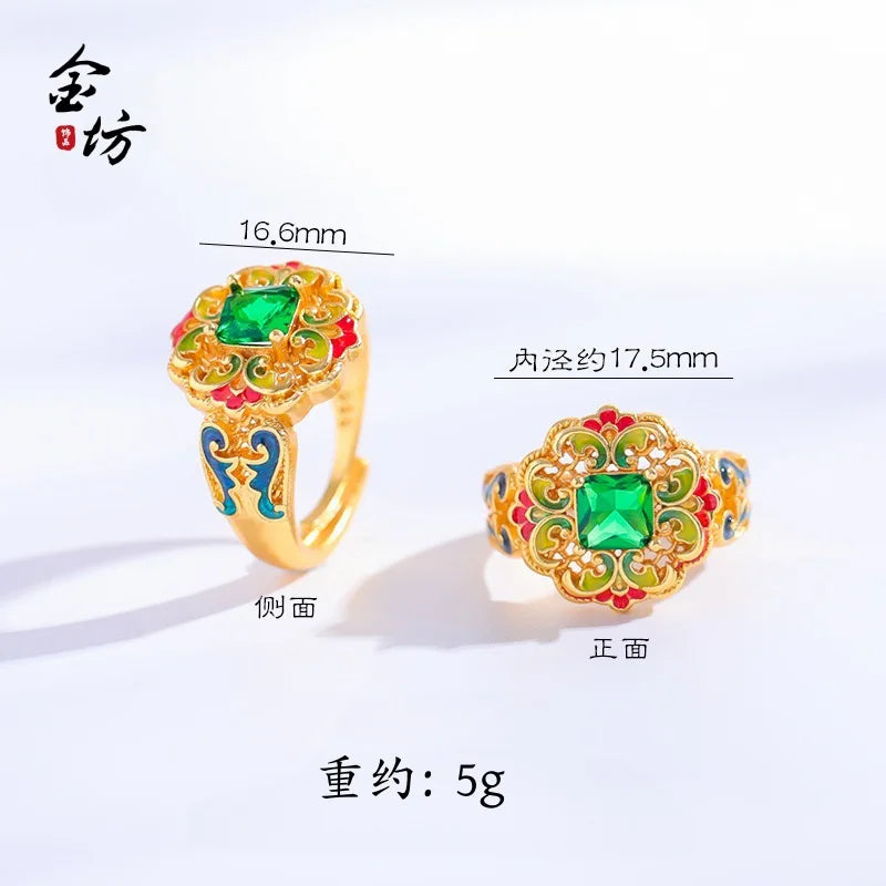 Gold shop 24K real gold spring garden ring au999 pure gold inlaid with enamel national trendy women's accessories