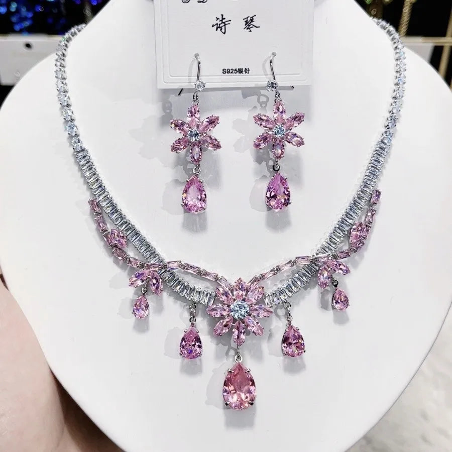 Multicolor Waterdrop Tassel Zirconia Necklace Earrings Women New Silver Color Bridal Wedding Fashion Jewelry Set Party Gifts