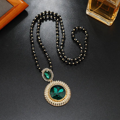 Vintage Emerald Round Oval Sweater Chain  Black Beads Long Chain Necklace Women's All-match Clothes Pendant Accessories