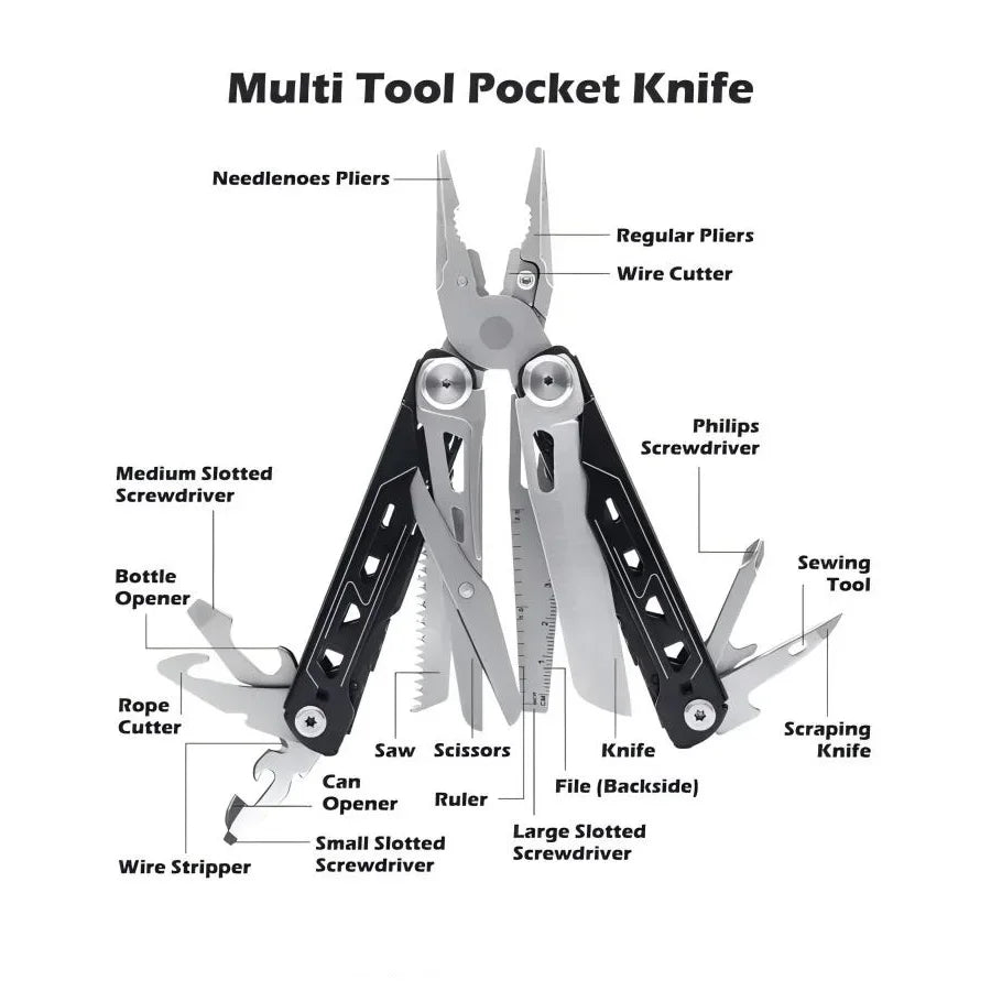TRALOW Multi Functional Tool Pliers 28 in 1 Stainless Steel Foldable with Thread Cutter Knife Saw Screwdriver for Camping Repair