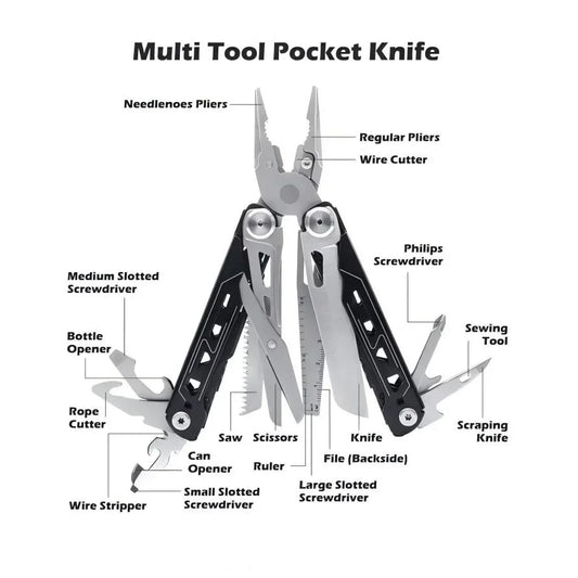 TRALOW Multi Functional Tool Pliers 28 in 1 Stainless Steel Foldable with Thread Cutter Knife Saw Screwdriver for Camping Repair
