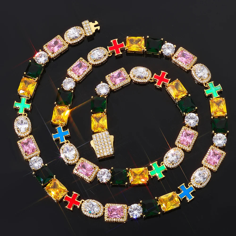 NY Hip Hop Jewelry Rainbow Zircon Necklace 18k Gold Plated Geometric Colorful Cross Link Chain Fashion for Women