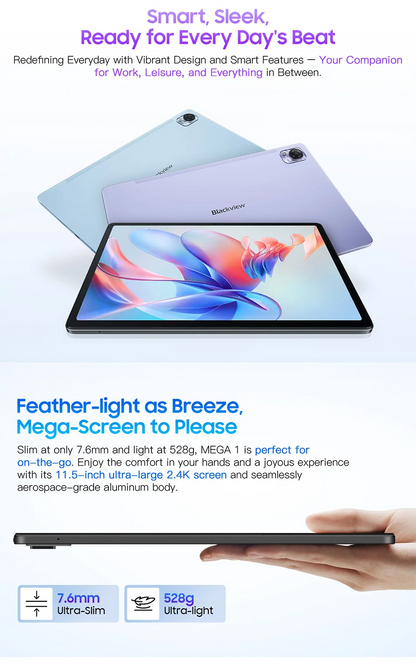 【World Premiere】Blackview MEGA 1 Tablet 11.5 inch 2.4K 120Hz Display 8GB 256GB 50MP+13MP Camera 8800mAh 33W Fast Charging Pad P
