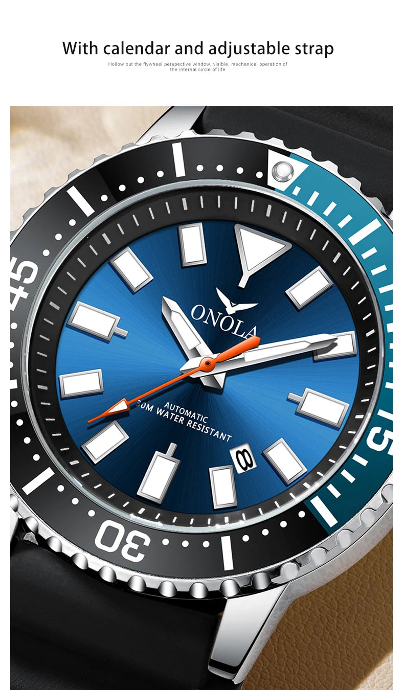 HOT Business Men's Fully Automatic Mechanical Watch ONOLA Genuine Leather Waterproof Casual Watch Men's Clock
