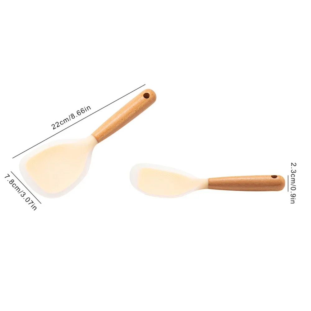 1Pc Silicone Spoon With Wooden Handle Non-stick Spatula For Pot Heat Insulation Heat Resistant Spoon For Rice Cooker For Home