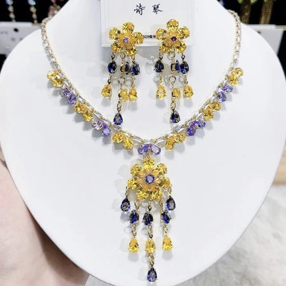 Multicolor Waterdrop Tassel Zirconia Necklace Earrings Women New Silver Color Bridal Wedding Fashion Jewelry Set Party Gifts