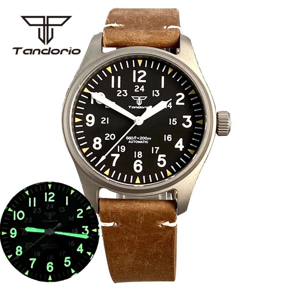 Tandorio Titanium Ultralight Dive 39mm Men's Pilot Watch Automatic Miyota 8215/PT5000 Movt AR Sapphire 20BAR Waterproof Luminous
