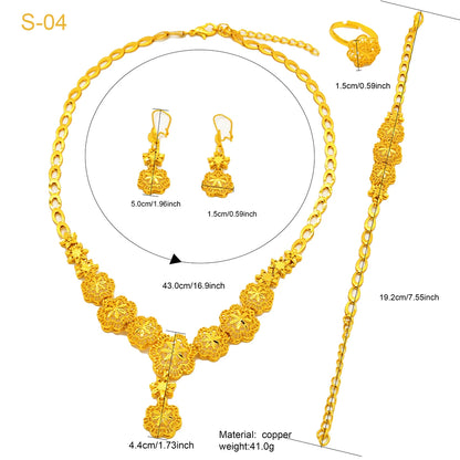 ANIID Indian 24k Gold Color Flower Shape Necklace Earrings Bracelet Ring Set Elegant Bridal Wedding Jewelry Sets for Dubai Lady