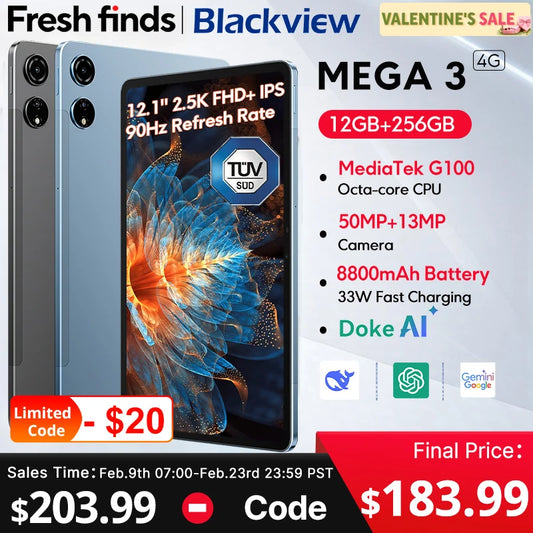 【World premiere】Blackview MEGA 3 Tablet 12.1" 2.5K 90Hz Display 12GB 256GB 8800mAh 50MP Camera 33W Fast Charging Android 15 Pa
