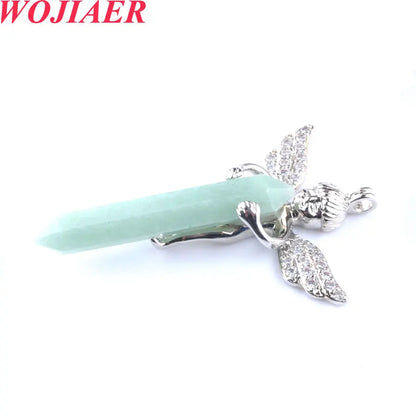 Natural Lazulis Stone Long Hexagonal Pendant For Make DIY Trendy Rhinestone Angel Wings Necklace Wed Gift BO907