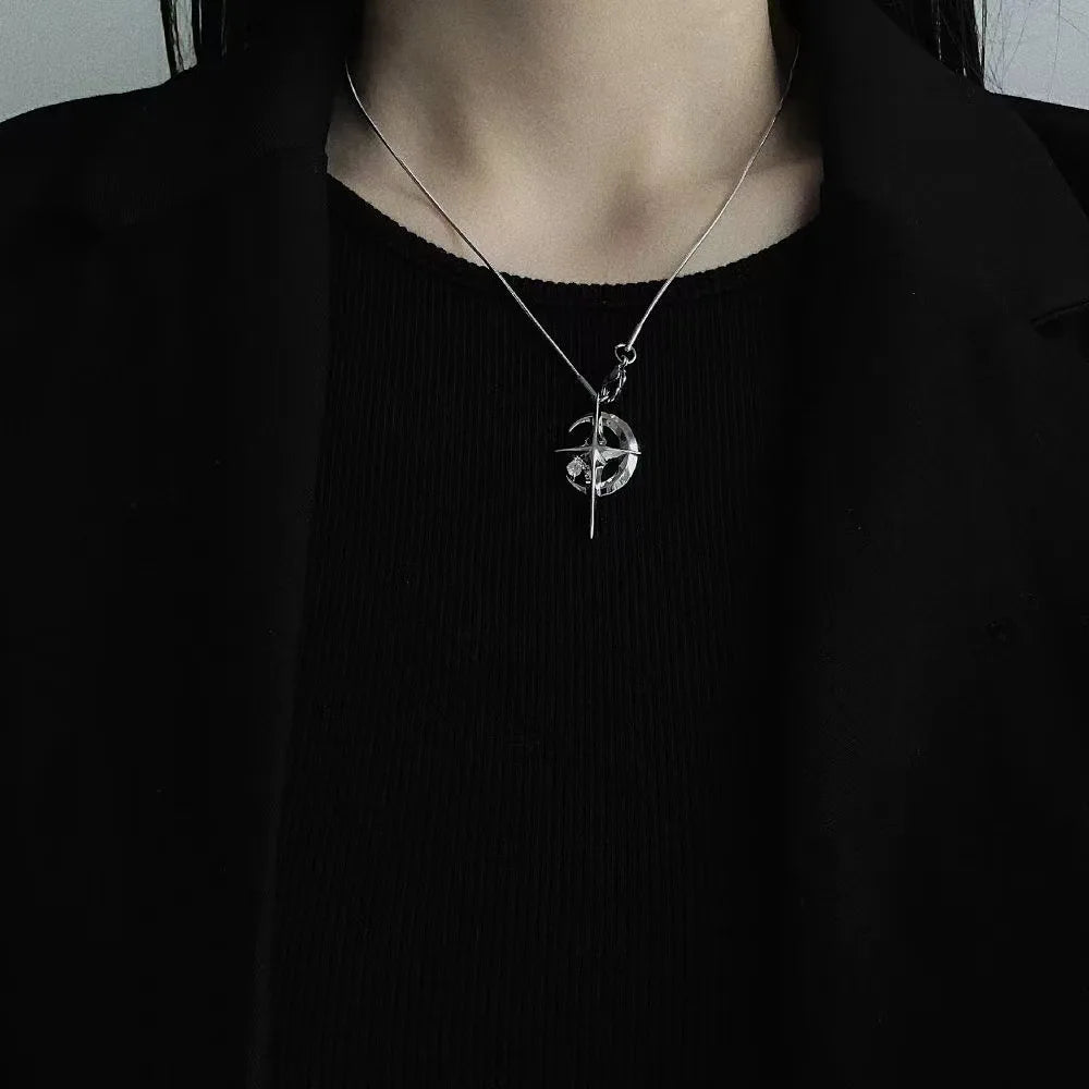 Gothic Punk Bow Heart Sun Star Moon Pendant Snake Chain Necklace Men Women Hip Hop Vintage Y2K EMO Grunge Jewelry Accessories