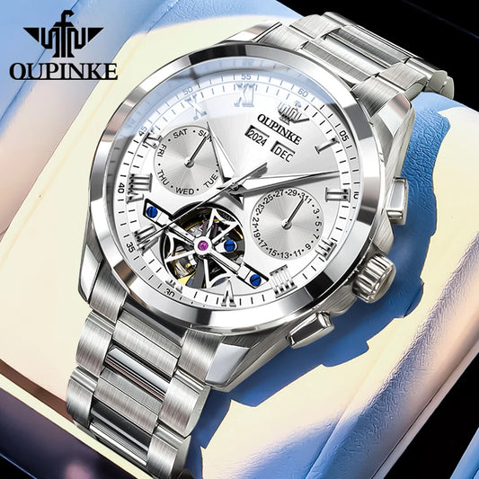 OUPINKE 3281 Top Luxury Mens Watch Sapphire Flywheel Automatic Mechanical Watch For Man 50M Waterproof Calendar Week Gifts Reloj