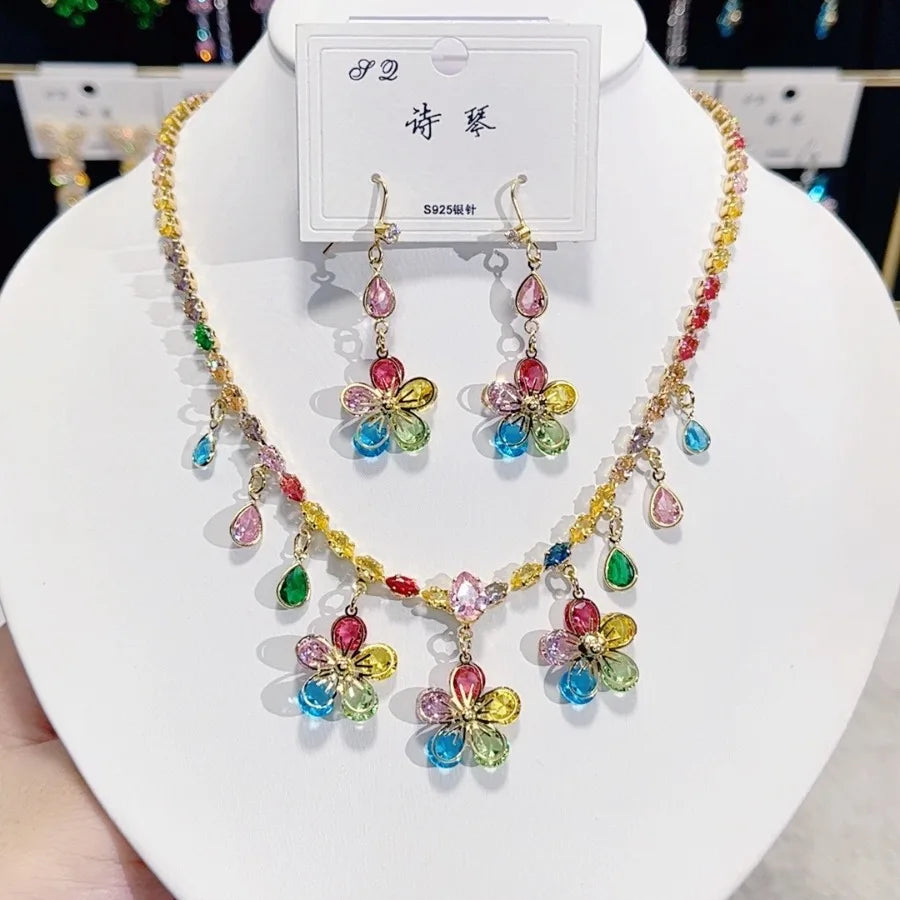 Multicolor Waterdrop Tassel Zirconia Necklace Earrings Women New Silver Color Bridal Wedding Fashion Jewelry Set Party Gifts