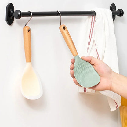 1Pc Silicone Spoon With Wooden Handle Non-stick Spatula For Pot Heat Insulation Heat Resistant Spoon For Rice Cooker For Home