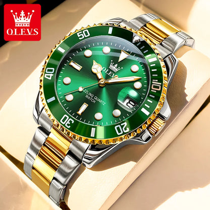 OLEVS 5885 Men's Watches Business Stainless Steel Strap Green Quartz Watch Waterproof Calendar Luminous High Quality Wristwatch