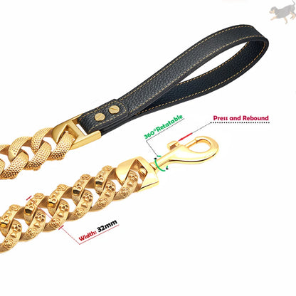 Large Dog Leash 32MM Gold Silver Stainless Steel Pet Leash Fashionable Mysterious Skull Chain Sturdy High-end Dog Product