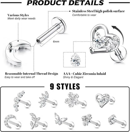 9Pcs 16G Cartilage Earrings for Women Stud Earrings Set Tragus Helix Conch Earrings Internally Threaded Labret CZ Piercing