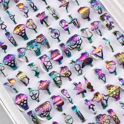 100 Pieces Stainless Steel Engraved Rings for Men and Women Fashion Charm Jewelry Gift Hollow Flower Finger Rings Wholesale Lots