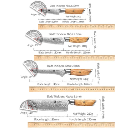 XINZUO 1-8pcs Kitchen Knife Set 73 Layers Custom Damascus Steel 15°±1 Per Side Steel Blade with Olive Wood Handle