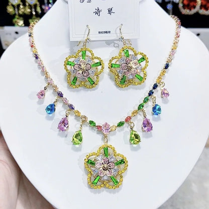 Multicolor Waterdrop Tassel Zirconia Necklace Earrings Women New Silver Color Bridal Wedding Fashion Jewelry Set Party Gifts