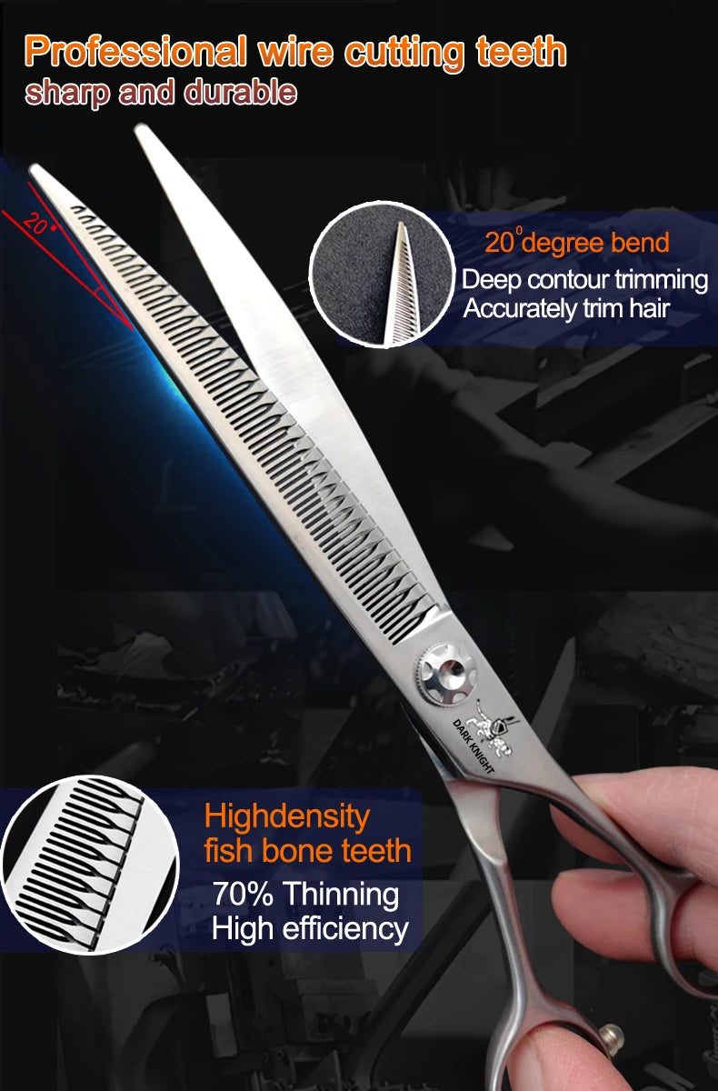 Professional pet scissors, pet beautician uses natural curved fishbone teeth scissors 440C, 7"dog hair trimming tool