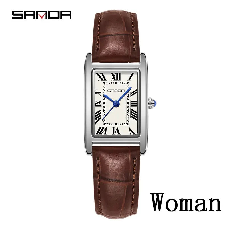SANDA Luxury Tank Couple Watch Wear Resistant Leather Strap Square Dial Waterproof Sport Casual Women Men Quartz Watches Reloj