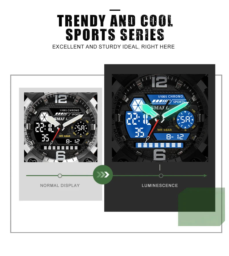 SMAEL New Watches 50m Waterproof Sports Watch Digital 8072 Army Watch Digital Quartz Dual Time Wristwatches LED for Men