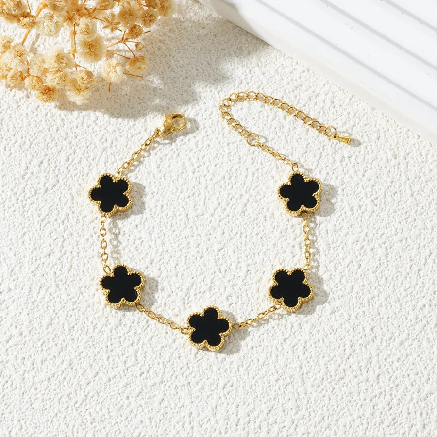 Stainless Steel Bracelet Double Sided Five Leaf Petals Flower Gold Plated Clover Women Fashion Jewelry