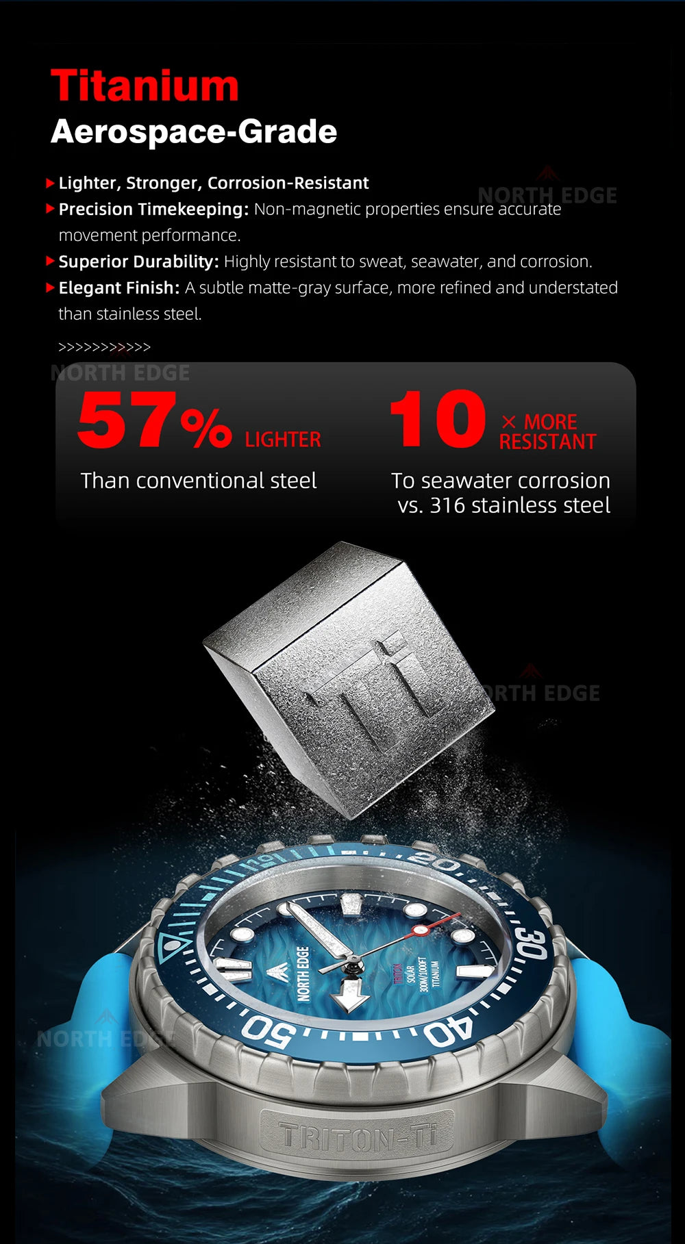 NORTH EDGE TRITON-TI Titanium Solar Diving Watch – 300M Waterproof, 180-Day Power Reserve