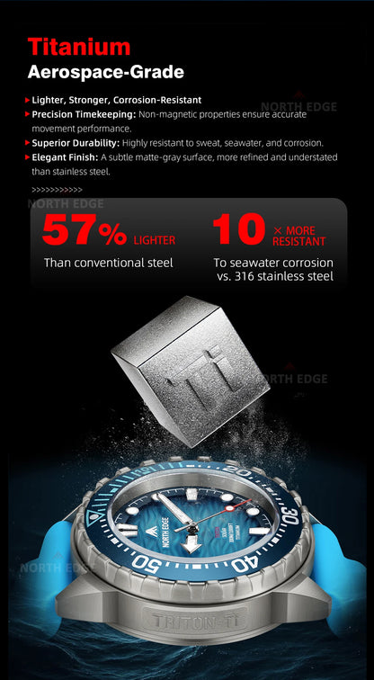 NORTH EDGE TRITON-TI Titanium Solar Diving Watch – 300M Waterproof, 180-Day Power Reserve