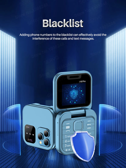 SERVO i16 Pro 2G GSM/4G LTE Network Small Flip Mobile Phone 2 SIM Standby Call Recording Speed Dial 1.77" Mini Folding Cellphone