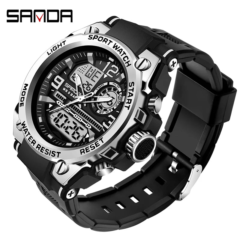 SANDA Men Sports Quartz Watches Dual Display LED Electronic Digital Wristwatches Waterproof Military Watch Relogios Masculino
