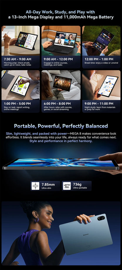 【World premiere】Blackview MEGA 8 Tablet 13 inch FHD+ 90Hz Display AI 11000mAh  Android 15 50Mp Camera 4 BOX Speakers 4G Pad PC