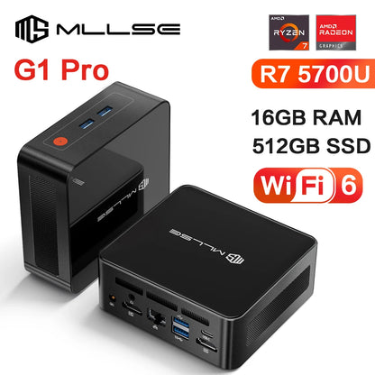 MLLSE G1 Pro Mini PC AMD Ryzen7 5700U DDR4 16GB RAM 512GB SSD WiFi6 BT5.2 Windows 11 Pro Mini Desktop Computer Gaming Work