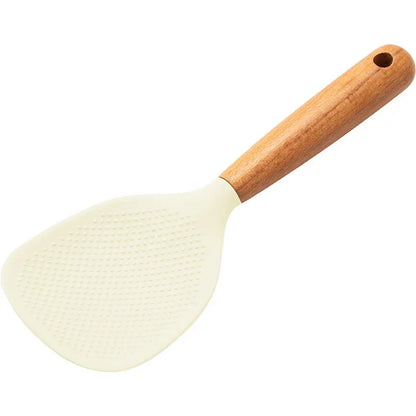 1Pc Silicone Spoon With Wooden Handle Non-stick Spatula For Pot Heat Insulation Heat Resistant Spoon For Rice Cooker For Home