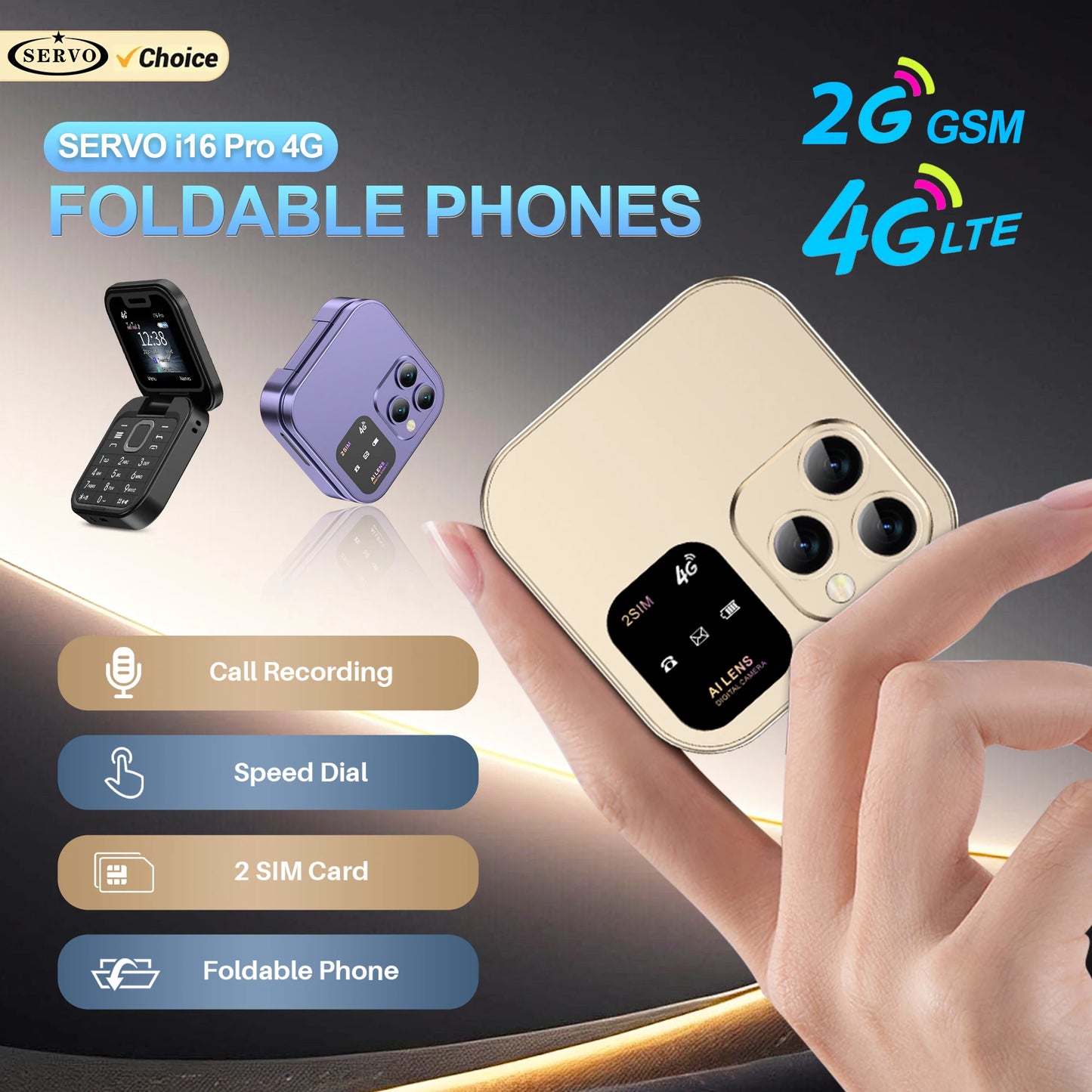 SERVO i16 Pro 2G GSM/4G LTE Network Small Flip Mobile Phone 2 SIM Standby Call Recording Speed Dial 1.77" Mini Folding Cellphone