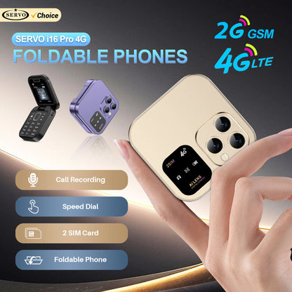 SERVO i16 Pro 2G GSM/4G LTE Network Small Flip Mobile Phone 2 SIM Standby Call Recording Speed Dial 1.77" Mini Folding Cellphone