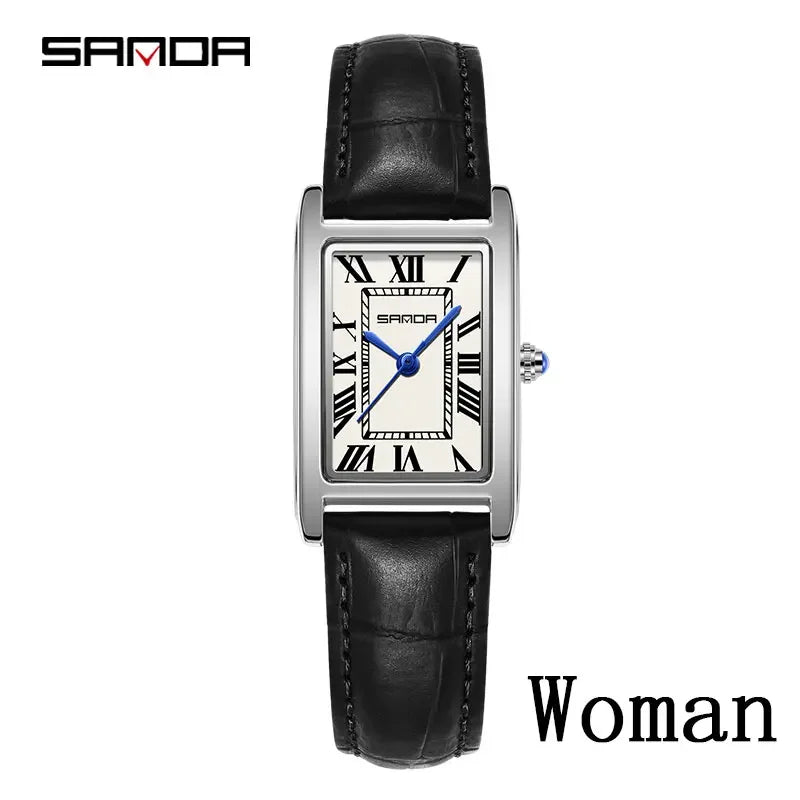 SANDA Luxury Tank Couple Watch Wear Resistant Leather Strap Square Dial Waterproof Sport Casual Women Men Quartz Watches Reloj