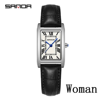 SANDA Luxury Tank Couple Watch Wear Resistant Leather Strap Square Dial Waterproof Sport Casual Women Men Quartz Watches Reloj