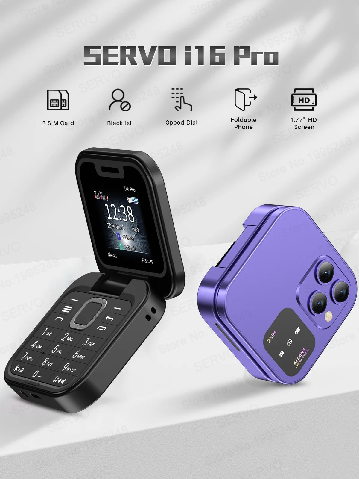 SERVO i16 Pro 2G GSM/4G LTE Network Small Flip Mobile Phone 2 SIM Standby Call Recording Speed Dial 1.77" Mini Folding Cellphone