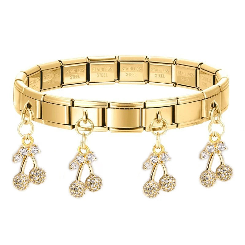 Geometric Square Stainless Steel Elastic Strap Bangle Bracelets for Women Strawberry Cherry Pendant Bracelets Hand Jewelry Gift