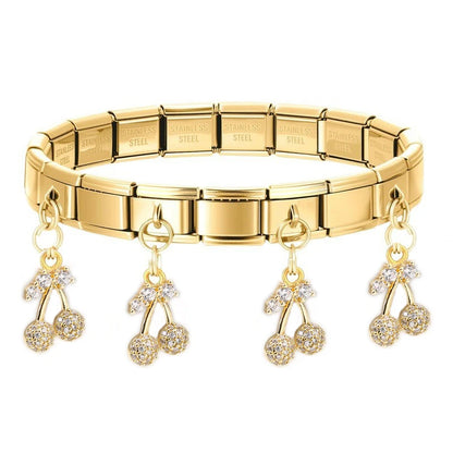 Geometric Square Stainless Steel Elastic Strap Bangle Bracelets for Women Strawberry Cherry Pendant Bracelets Hand Jewelry Gift
